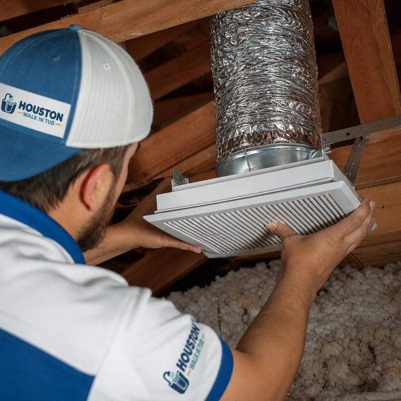 Bathroom ventilation fan grille and properly connected ducting above a ceiling