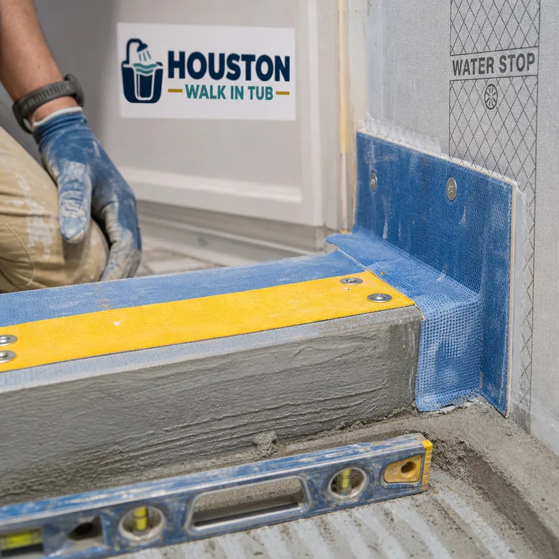 Close-up of a shower curb waterproofing transition before tile is installed