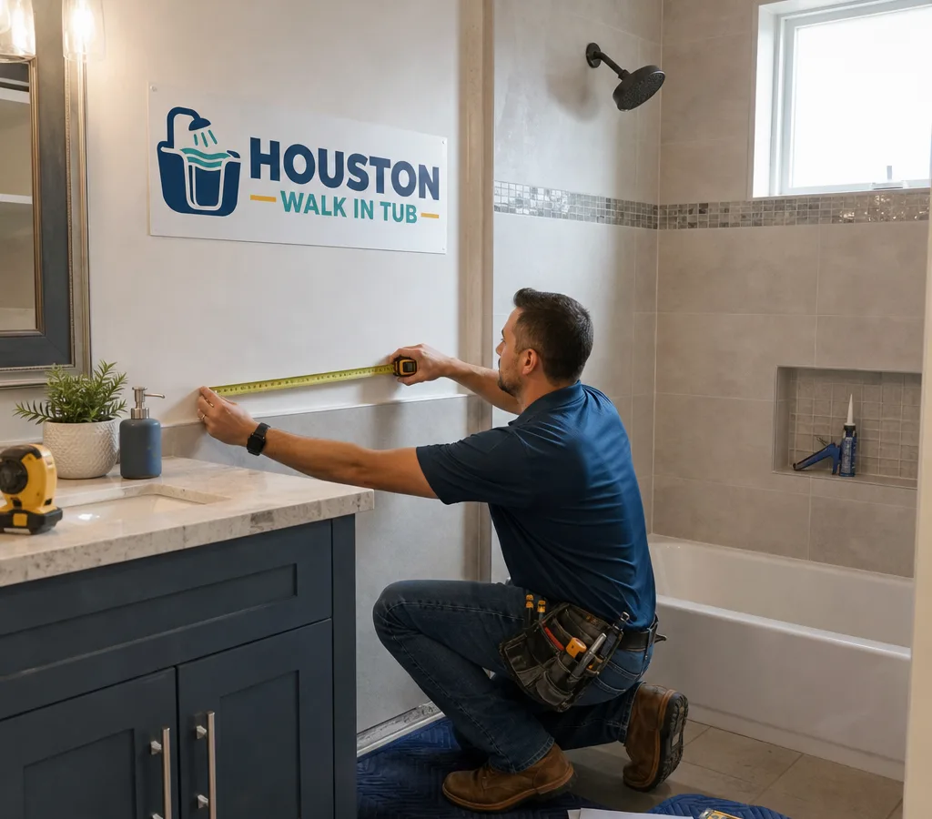 Contractor measuring and planning a bathroom remodel layout in an existing Houston home bathroom