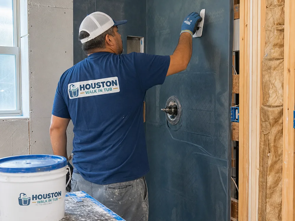 Contractor installing waterproofing membrane on shower walls in a partially demolished bathroom