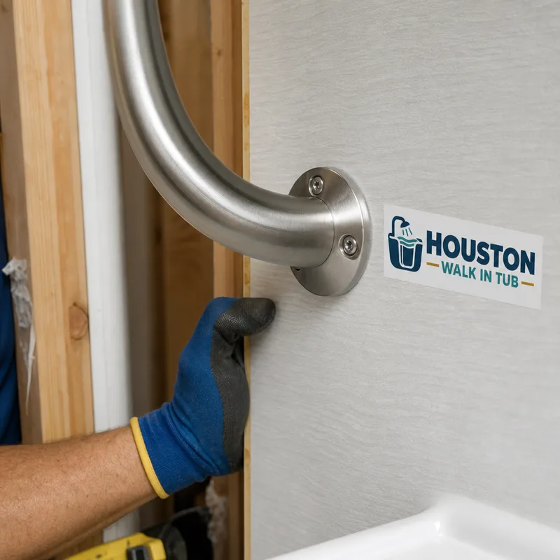 Close-up of a stainless grab bar anchored to wall framing beside a textured wall panel