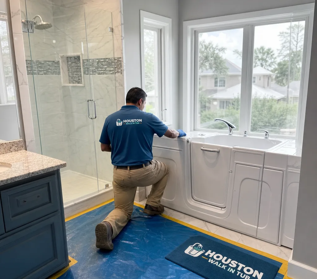 Bright residential bathroom under renovation with a newly installed walk-in tub and protective floor coverings