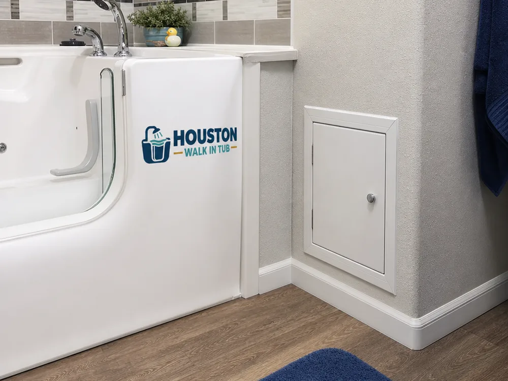 Bathroom access panel integrated neatly into a tub deck for pump and plumbing service