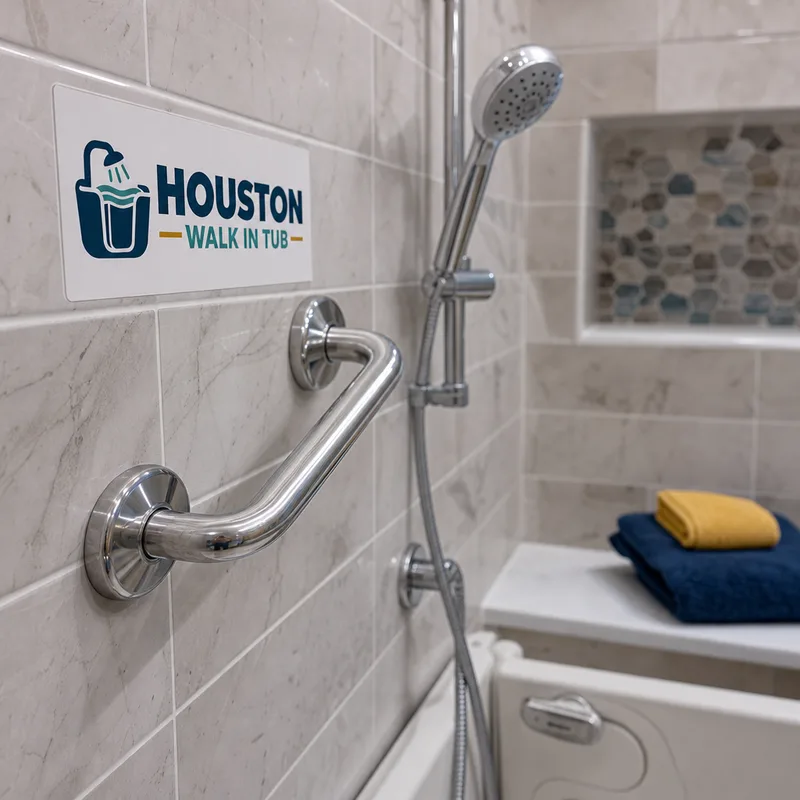 Grab bar securely mounted through tile beside a handheld shower and built-in bench