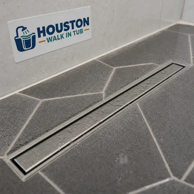 Close-up of a properly installed shower drain with clean grout and sealed floor transitions
