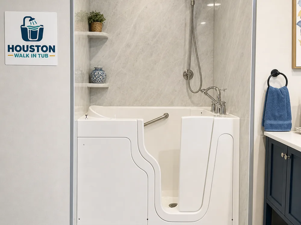 Walk-in tub installed in an alcove with waterproof wall panels and a handheld shower wand