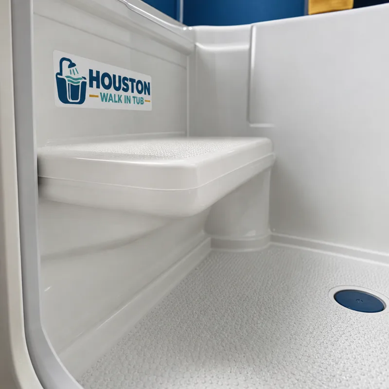 Close-up of a built-in walk-in tub seat and textured anti-slip floor surface