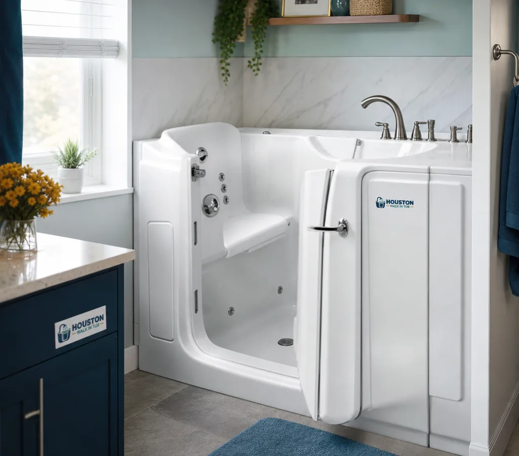 A walk-in bathtub with an outward-swinging door and built-in seat installed in a bright residential bathroom