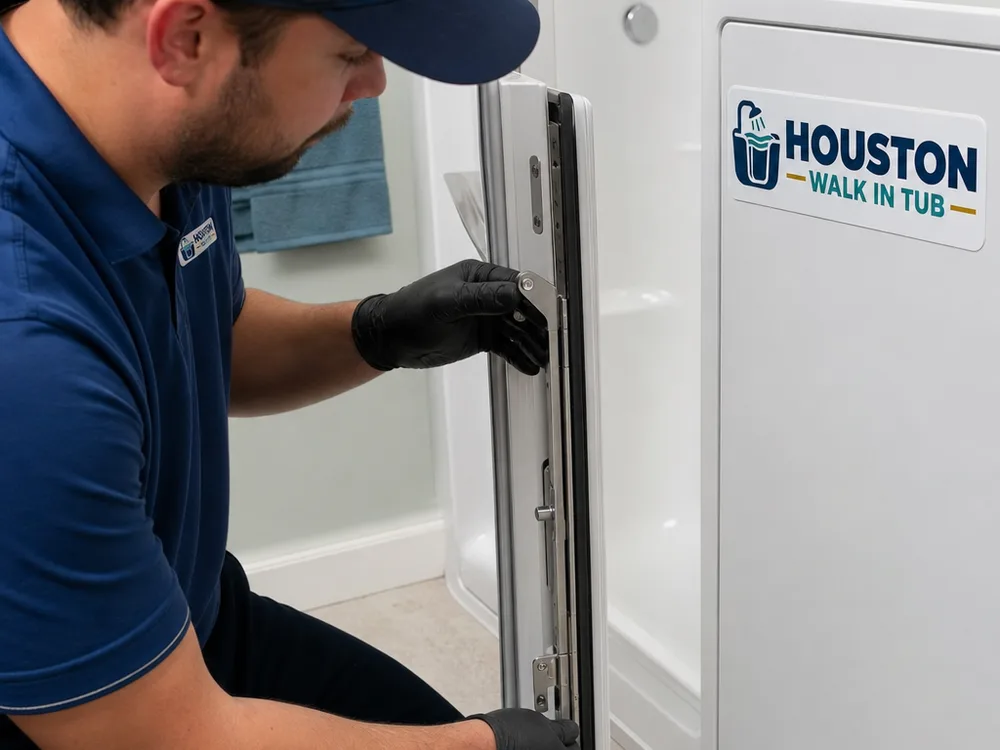 Close view of a walk-in tub door, latch, gasket seal area and threshold